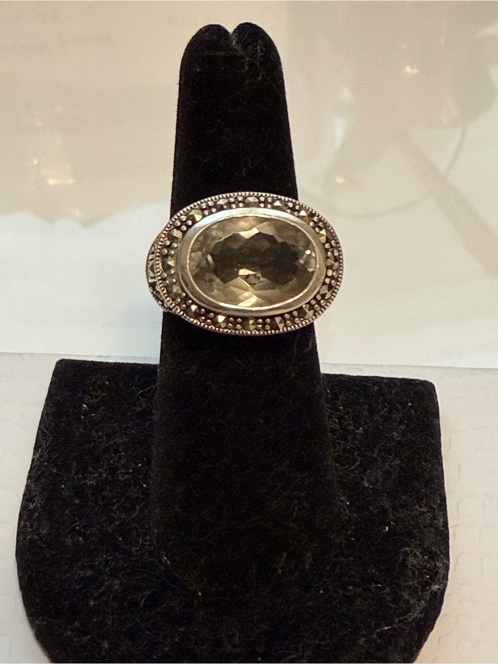 Vintage Art Deco sterling silver Prasiolite marcasite ring